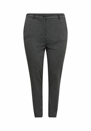 Tummanharmaat räätälöidyt housut, joissa on sileä rakenne, nappikiinnitys, kaksi etutaskua ja slim fit -malli.