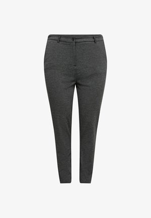 Temno sivi krojeni hlače z gladko teksturo, ki imajo zaponko na gumb, dva sprednja žepa in slim fit dizajn.