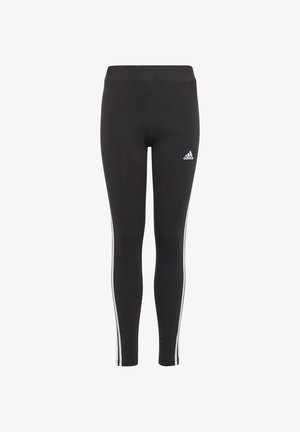 Leggings negros hechos de un tejido elástico, con franjas laterales blancas y un logo de Adidas bordado en la cadera izquierda.