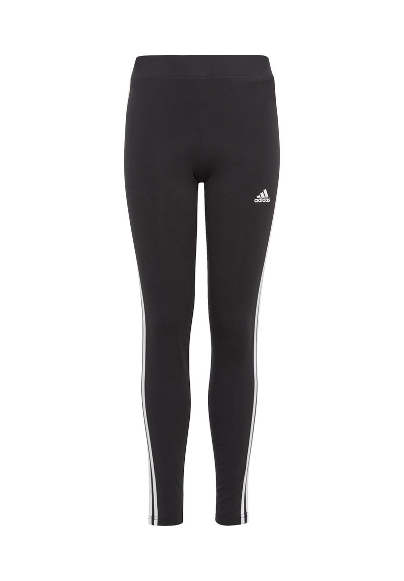 Leggings neri realizzati in un tessuto elastico, con strisce laterali bianche e un logo Adidas ricamato sull'anca sinistra.
