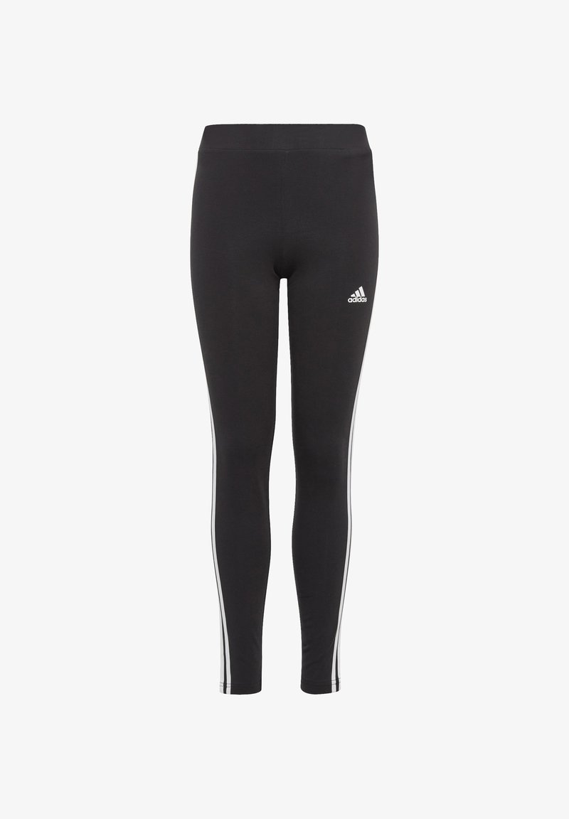 Leggings neri realizzati in un tessuto elastico, con strisce laterali bianche e un logo Adidas ricamato sull'anca sinistra.