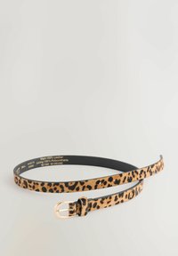 Leopard-print leather belt with a gold metal buckle, featuring a smooth texture and contrasting black lining. 95 cm long and 1.5 cm wide.