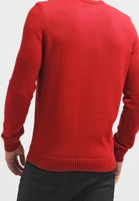 Roter gestrickter Pullover mit langen Ärmeln, rundem Ausschnitt und gerippten Bündchen und Saum. Glatte Textur ohne sichtbare Muster.