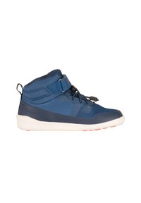 High-top navy blue athletic shoes with a textured upper, contrasting dark accents, a sturdy sole, and adjustable lace system for support.