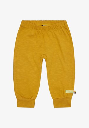 Yellow cotton jogger pants with a ribbed waistband and cuffs; features a small label on the side with brand details. Smooth texture.