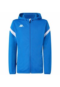 Giacca blu con zip e cappuccio, realizzata in tessuto liscio. Presenta dettagli bianchi sulle maniche e un piccolo logo sul petto.