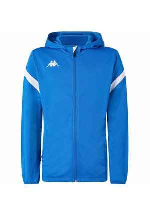 Blauwe ritsjack met capuchon, gemaakt van gladde stof. Kenmerkt zich door witte accenten op de mouwen en een klein logo op de borst.