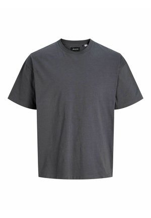 T-shirt en coton gris charbon à manches courtes avec col rond, coupe droite et petite étiquette de la marque à l'intérieur du col.