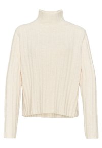 Pull à col roulé crème en tissu côtelé. Comprend des manches longues et une coupe décontractée. La texture semble douce et confortable.