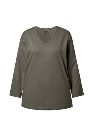 Długi rękaw, oliwkowa zielona bluzka z dekoltem w kształcie litery V, wykonana z miękkiej bawełny, o luźnym kroju, z prostym wzornictwem i bez widocznych wzorów czy akcentów.