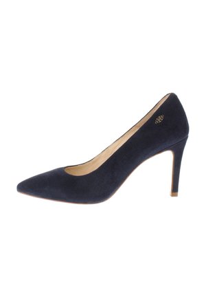 Marineblaue, spitz zulaufende High-Heel-Pumps aus Wildleder mit schlankem Absatz und kleinem goldfarbenem Dekorelement nahe dem oberen Rand.