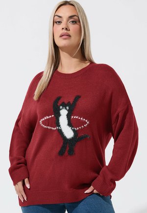 Vrouw draagt een rode trui met een zwart-witte kattenafbeelding en speelt met een hoelahoep op een effen lichte achtergrond.