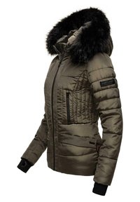 Olive green padded jacket with faux fur hood, zippered front, and ribbed cuffs. Features black accents and quilted design on the body.