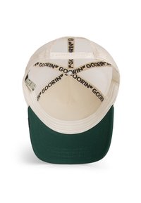 Green brimmed cap with a cream mesh back. Interior features a black logo band and a plastic adjuster for size adjustment.