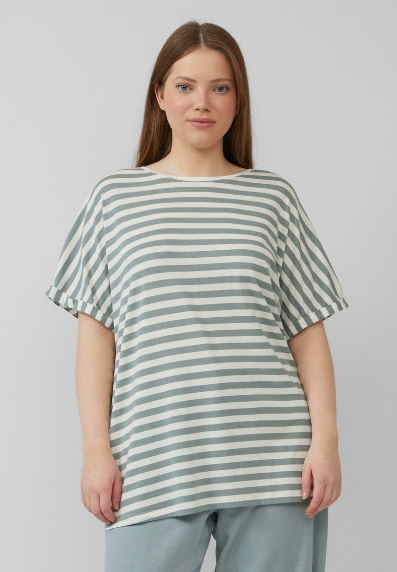 Gestreiftes Oberteil aus weicher Baumwolle, mit horizontalen hellgrünen und weißen Streifen, lockerer Schnitt, runder Ausschnitt und kurzen Ärmeln mit umgeschlagenen Bündchen.