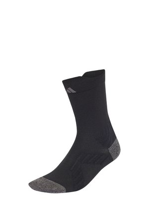 Sort atletisk sock med grå forstærket tå og hæl, med et lille kontrastfuldt logo tæt på den øverste kant.
