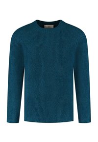 Teal gebreide trui met een textuurpatroon, lange mouwen en een ronde hals. De stof lijkt zacht en comfortabel met een losse pasvorm.