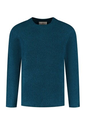 Turkusowy sweter z dzianiny o strukturalnym wzorze, z długimi rękawami i okrągłym dekoltem. Materiał wydaje się miękki i wygodny, o luźnym kroju.