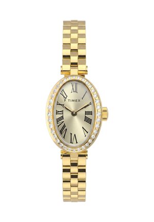 Montre-bracelet Timex en or avec cadran ovale, chiffres romains, lunette en cristal et bracelet métallique lié, affichant l'heure à 9h13.