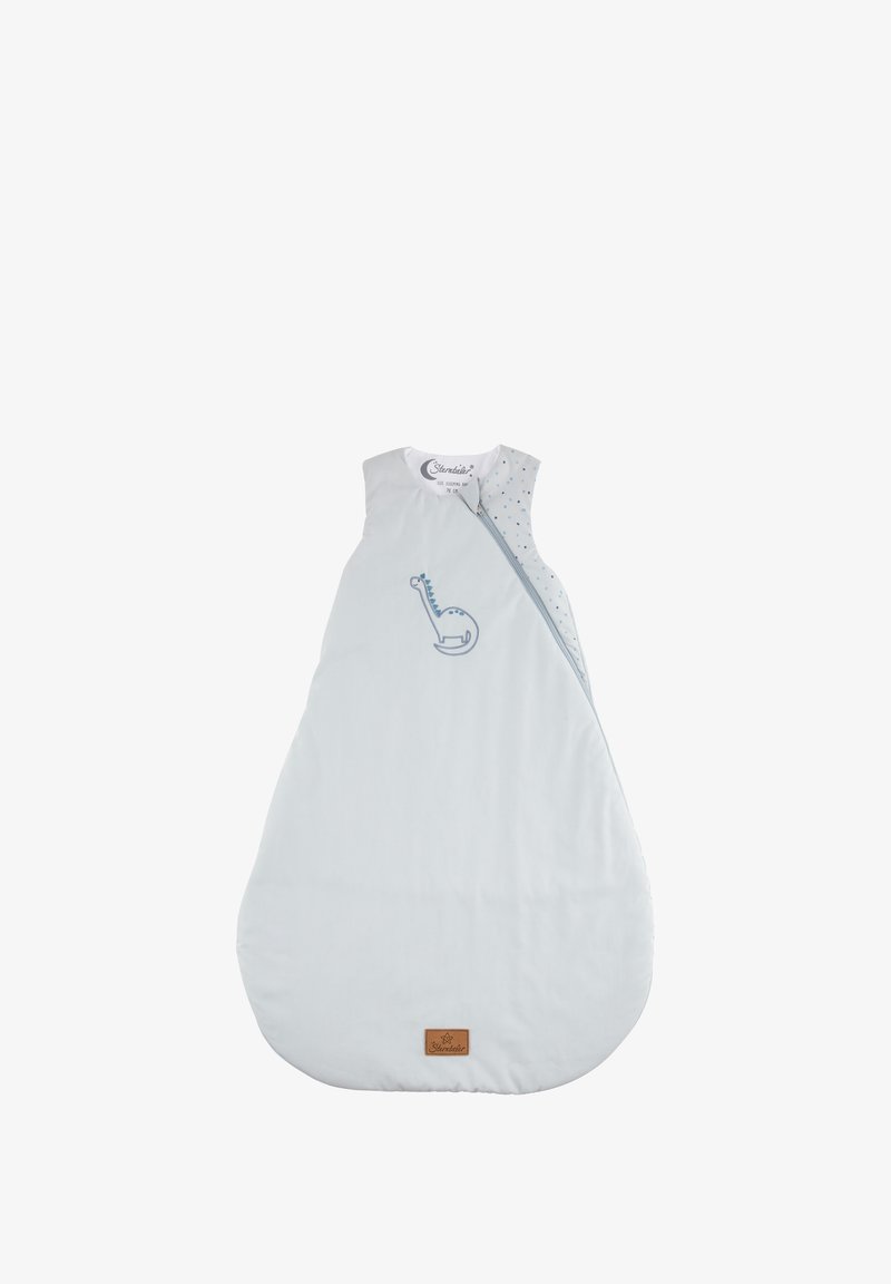 Helles blauer Schlafsack mit einem Giraffenstick, weichem Stoff, ärmellosem Design und einem seitlichen Reißverschluss. Verfügt über kleine blaue Punkte auf einer Seite.