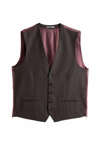 Gilet marron avec une texture lisse, sans manches, cinq boutons noirs et une doublure maroon à motif visible au niveau du col et des trous de bras.