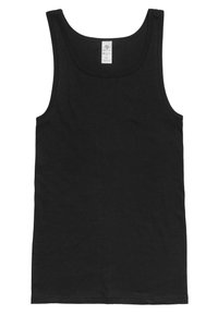 Black tank top made of cotton, featuring a simple design with wide armholes and a rounded neckline. No patterns or additional accents.