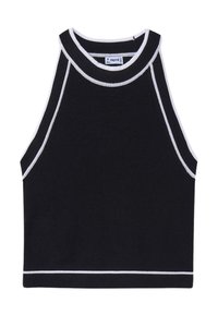 Top senza maniche di colore nero con un colletto alto, caratterizzato da finiture bianche sulle aperture delle maniche e sull'orlo, realizzato in un materiale a maglia testurizzato.