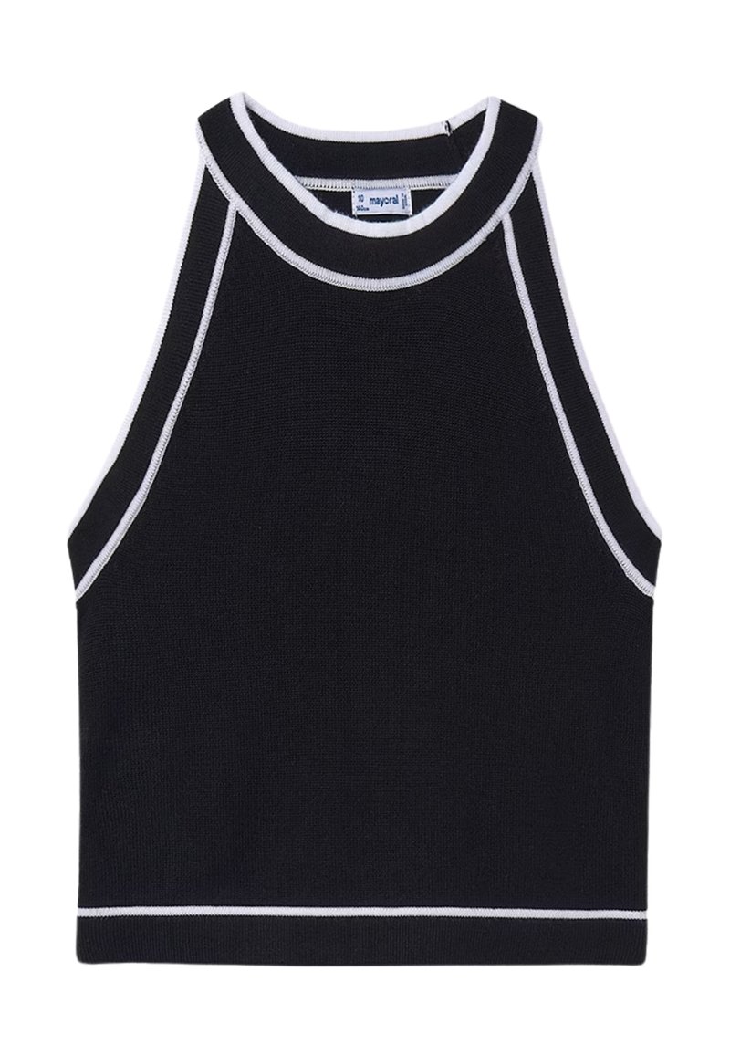 Top senza maniche di colore nero con un colletto alto, caratterizzato da finiture bianche sulle aperture delle maniche e sull'orlo, realizzato in un materiale a maglia testurizzato.