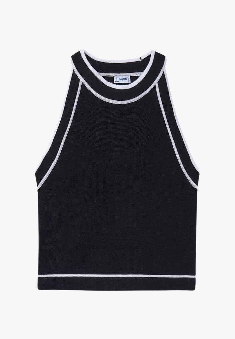 Top senza maniche di colore nero con un colletto alto, caratterizzato da finiture bianche sulle aperture delle maniche e sull'orlo, realizzato in un materiale a maglia testurizzato.