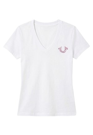 Wit T-shirt met V-hals en korte mouwen met klein rood hoefijzerontwerp op de linkerborst.