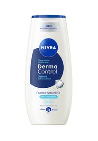 NIVEA Derma Control Duschgel in einer weißen Plastikflasche mit blauen Akzenten; Merkmale umfassen die Aufschriften "Pures Hyaluron+" und "Pro-Vitamin B5".