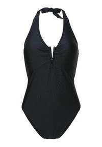 Crni jednodjelni kupaći kostim s halter izrezom, teksturiranim materijalom, nabranim prednjim dijelom, rupicom u obliku ključa i zlatnim detaljima.