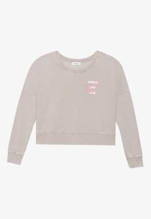 Lichtgrijze cropped sweatshirt met lange mouwen, zachte textuur en de opdruk "SUMMER LOVE CLUB" in het roze. Voorzien van een ronde halslijn en een geribbelde zoom.