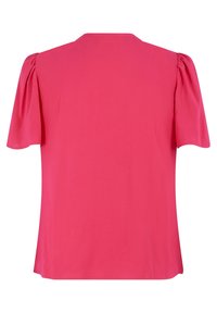 Blouse rose vif à manches courtes avec des manches bouffantes légèrement froncées et un ourlet droit, vue de dos.