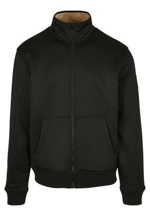 Schwarze Jacke mit Reißverschluss, hohem Kragen und zwei vorderen Taschen, aus weichem Stoff, mit gerippten Bündchen und Saum, glatte Textur.