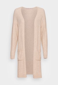 Beige stickad cardigan med långa ärmar, öppen framsida, två framfickor och ribbade ärmslut och fåll. Mjuk textur och lätt vikt.