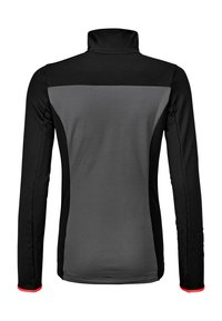 Langärmliges Shirt in Schwarz- und Grautönen, mit einem hohen Kragen und roten Akzenten an den Manschetten, aus strukturiertem Stoff.