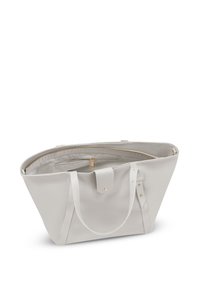 Sac en cuir gris avec une finition texturée, intérieur spacieux, fermeture éclair dorée et fermeture à pression, avec de longues poignées pour un transport facile.