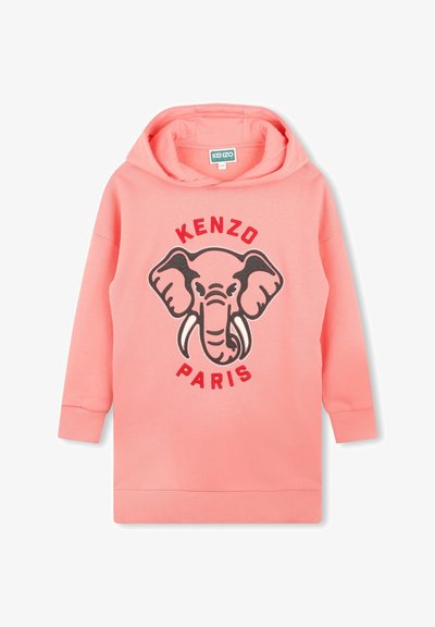 Felpa rosa con grafica di un elefante con zanne. Testo "KENZO PARIS" in rosso, realizzata in tessuto morbido con polsini e bordo a costine.