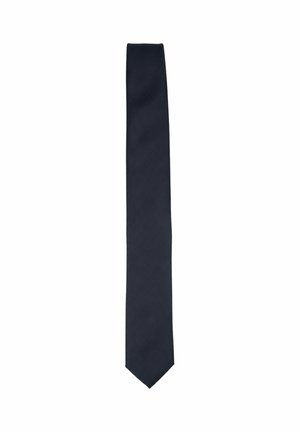 Cravatta slim blu navy con punta appuntita, mostrata piatta su sfondo bianco.
