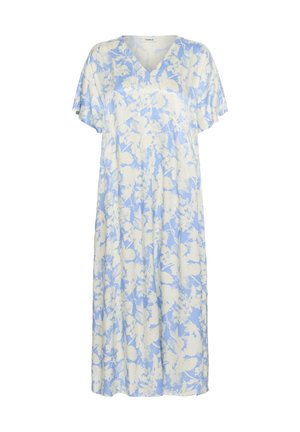 Šaty s kvetinovým vzorom v svetlo modrej farbe s bielymi kvetinovými motívmi. V-časť výstrihu, krátke rukávy a voľný, splývavý strih. Vyrobené z jemnej tkaniny.