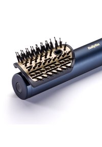 Spazzola elettrica per capelli con testina di setole dorate e nere, manico blu, impugnatura texturizzata e pulsante, progettata per lo styling e la cura dei capelli.