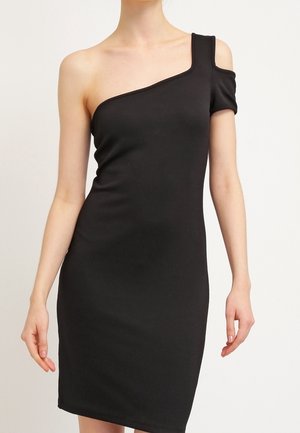 Black one-shoulder dress made of stretchy fabric. Features a fitted shape, smooth texture, and above-the-knee length. No patterns or accents.