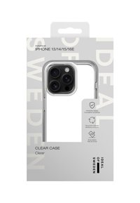 Klart deksel for iPhone 13/14/15/16E, med gjennomsiktig materiale, slank design, og emballasje med minimal svart og grå tekst.