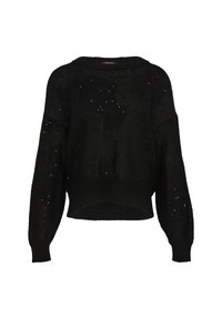 Schwarzer gestrickter Pullover mit lockerem Schnitt, langen Ärmeln und verschiedenen Ausschnittmustern. Mit weitem Halsausschnitt und verkürztem Saum.