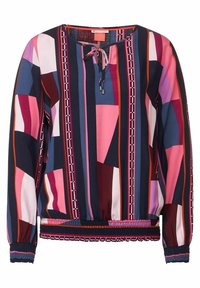 Multicolored blouse featuring geometric patterns, elasticated cuffs, a drawstring neckline, and a gathered hem. Made from lightweight fabric.