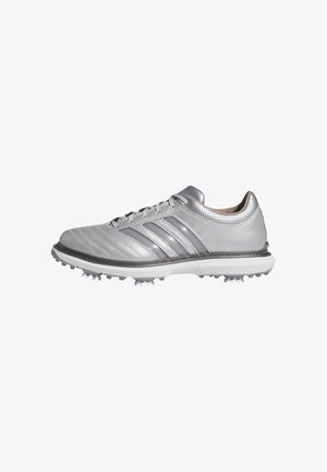 Silberne Golfschuhe mit einer strukturierten Lederoberfläche, ausgestattet mit drei schwarzen Streifen, einem gepolsterten Kragen und gummierten Spikesohlen für optimalen Halt.