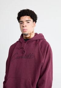 Felpa Carhartt bordeaux con cappuccio regolabile, logo ricamato e tasca frontale. Tessuto morbido e vestibilità rilassata.