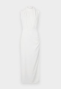 Robe blanche sans manches avec un col montant, des détails froncés à la taille et une silhouette droite. Tissu lisse avec un léger éclat.