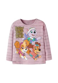 Jasnoróżowa koszula z długim rękawem w poziome paski, z trzema kolorowymi pieskami z "Psi Patrol" oraz błyszczącym napisem.